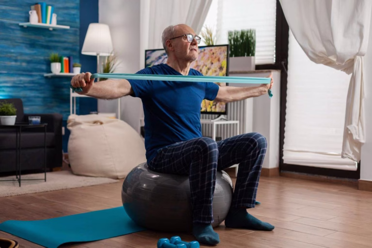 retiree-senior-man-sitting-swiss-ball-living-room-doing-healthcare-fitness-exercises-streching-arm-muscles-using-resistance-elastic-band-pensioner-training-body-strength-living-room (1)